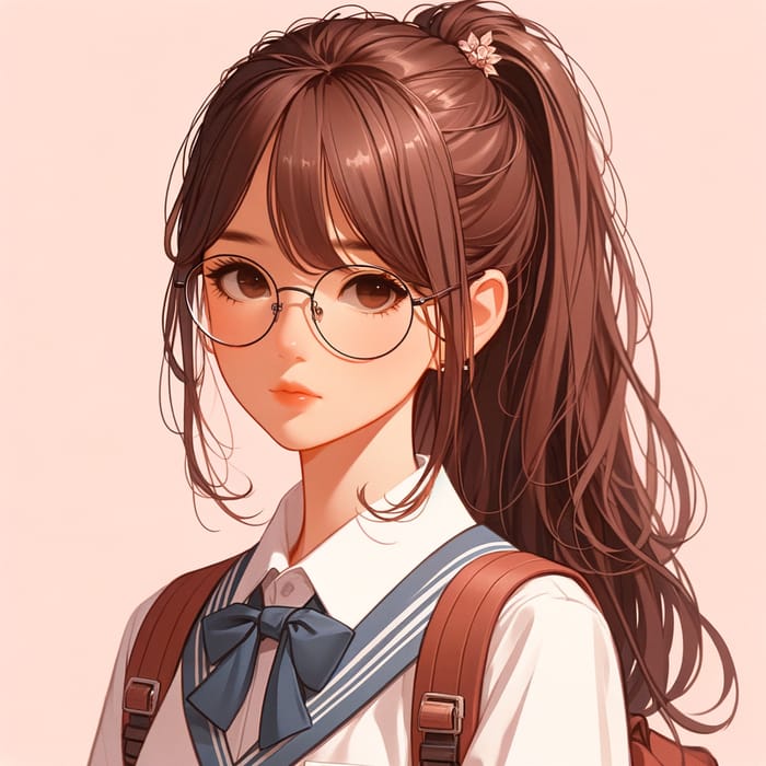 Brown-haired Girl in School Uniform with Ponytail and Glasses