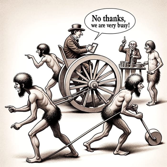 Primitive Men Struggling with Square-Wheeled Cart vs Modern Innovation Primitive Men Struggling with Square-Wheeled Cart vs Modern Innovation