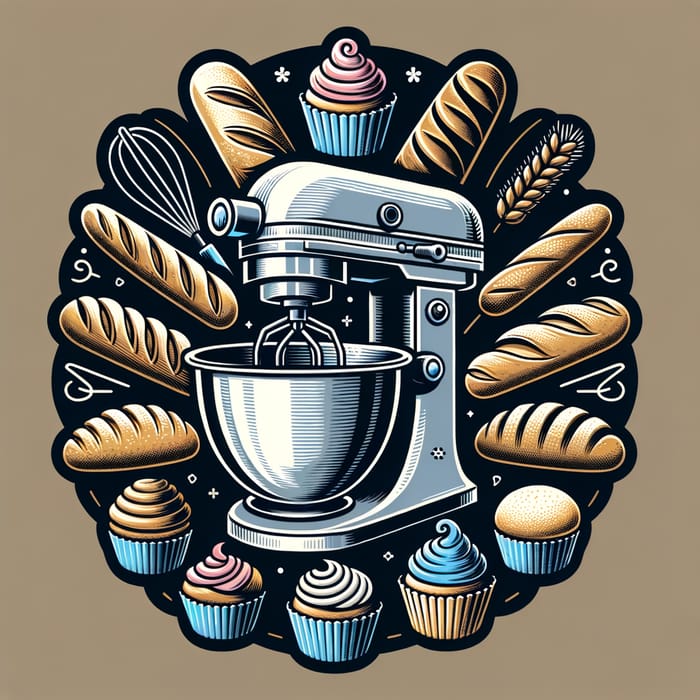 Simple Dough Mixer Logo Design with Breads & Cupcakes