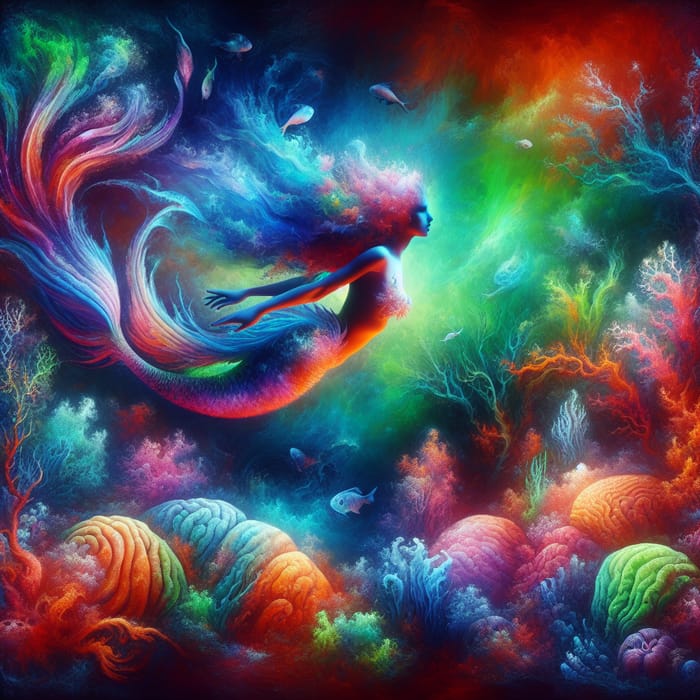 Surreal Underwater Mermaid amid Neon Coral Reefs