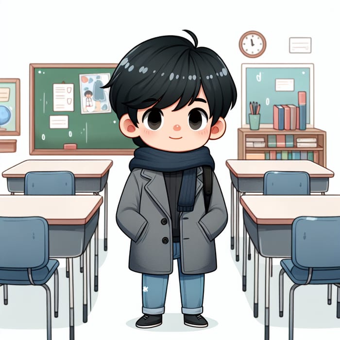 Cartoon Boy in Blue Jeans and Gray Coat in Classroom