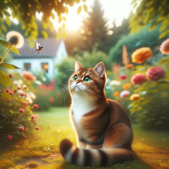 Adorable Short-Haired Cat in a Vibrant Garden