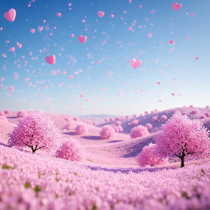 Enchanting Cherry Blossom Hills with Floating Hearts Enchanting Cherry Blossom Hills with Floating Hearts