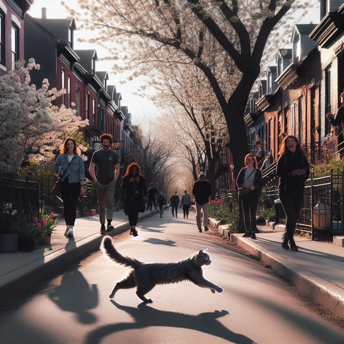 Adventurous Grey Cat Running Through Urban Street