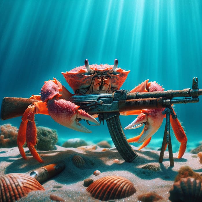 Surreal Marine Crab with Rifle on Ocean Floor