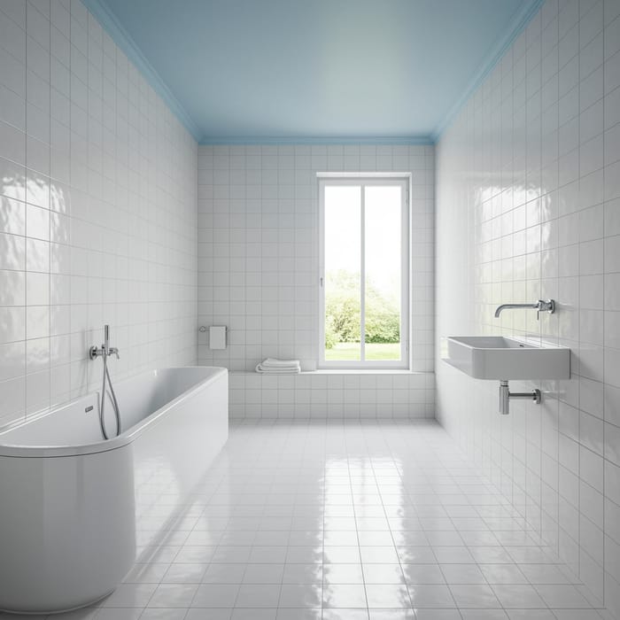 Stylish Bathroom with White Tiles and Blue Ceiling