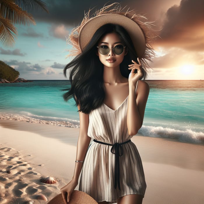 Asian Woman at Serene Beach with Sunset Scenery