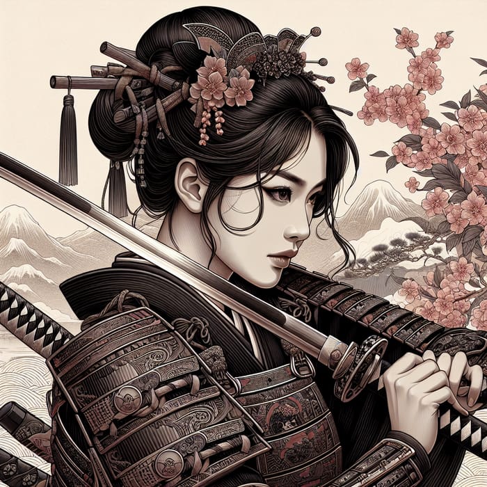 Japanese Samurai Woman with Katana Illustration