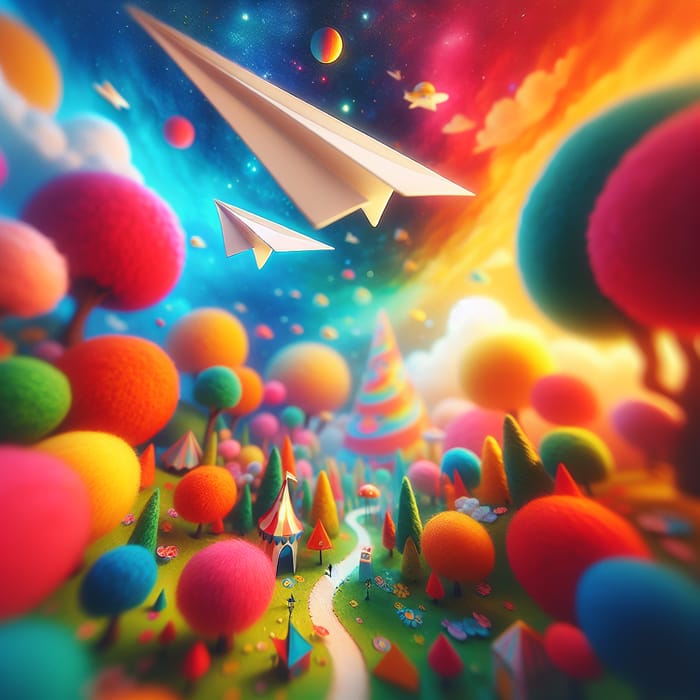 Whimsical Paper Airplane in Colorful Sky Art