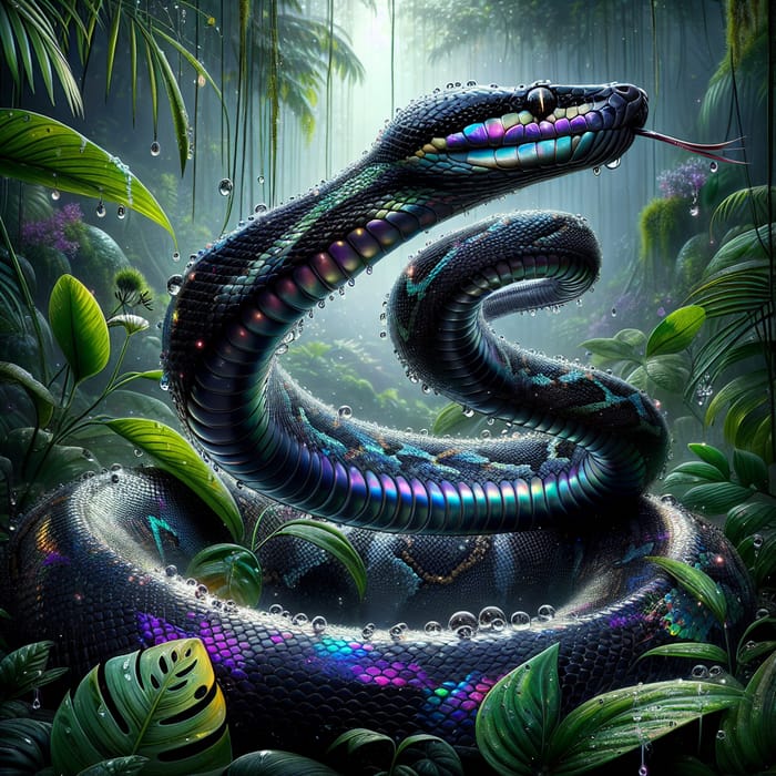 Anime-Style Python Illustration: Coiled Python in Lush Rainforest