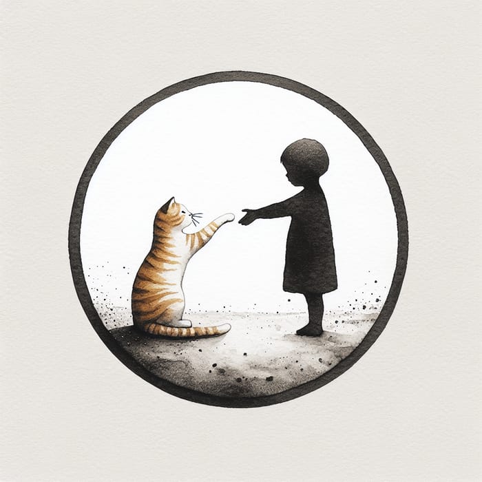 Child and Ginger Cat Interaction - Simple Minimalist Style