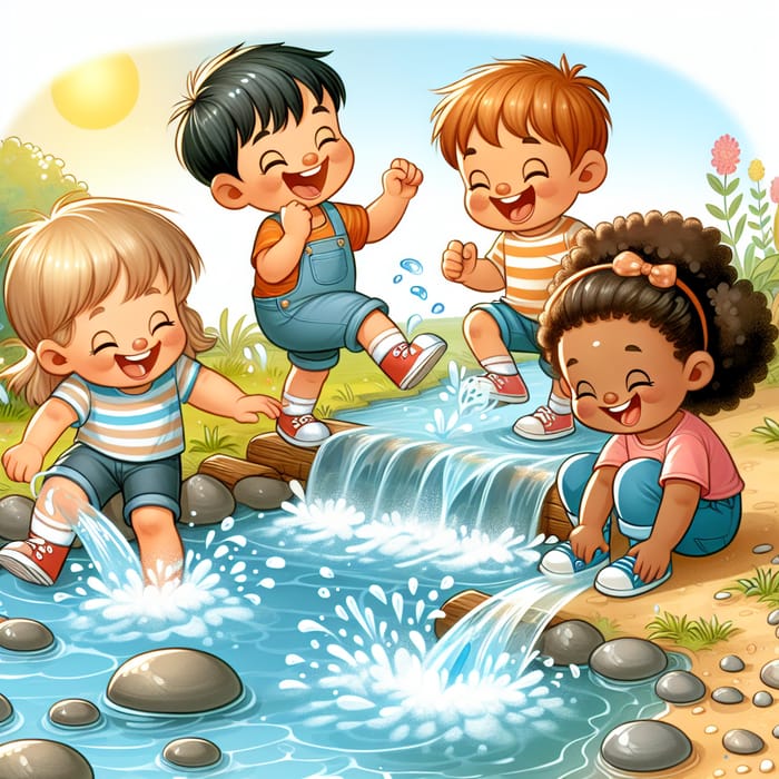 Cheerful Cartoon Kids Enjoying Water Play