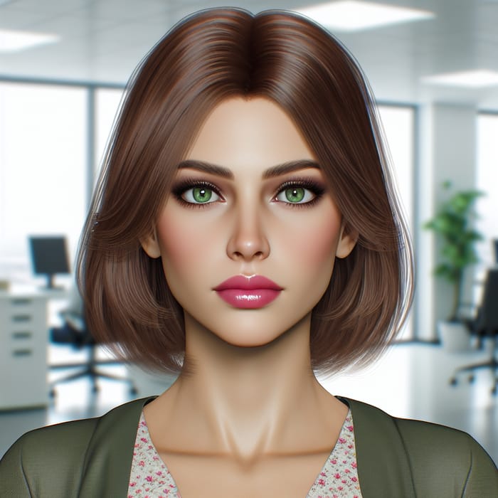 Realistic 25-Year-Old Woman with Chestnut Hair in Office