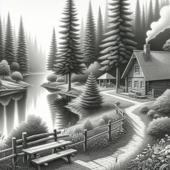 Tranquil Pencil Sketch of a Serene Evergreen Landscape