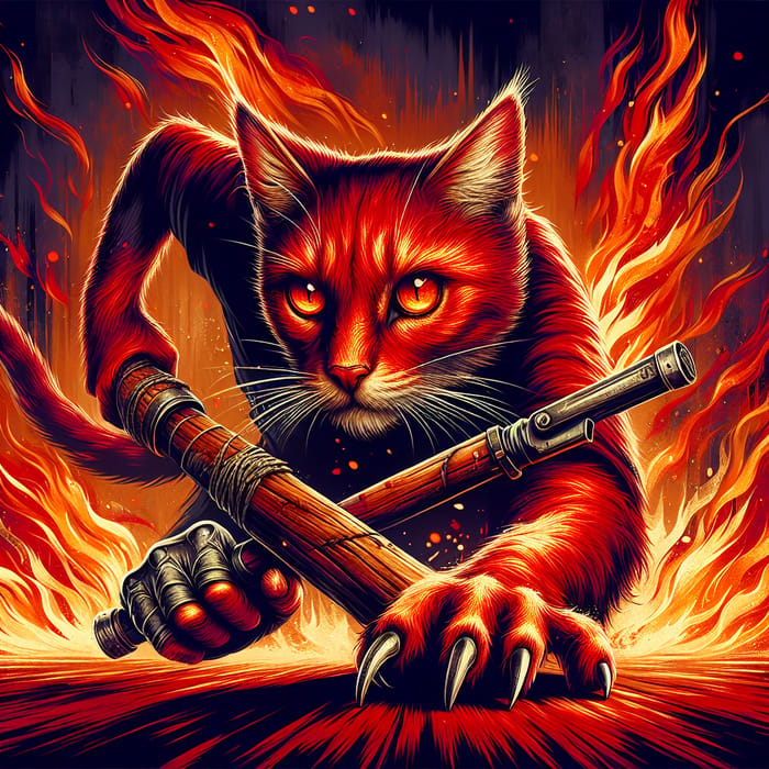 Fierce Red Cat with AK-47 in Fiery Scene