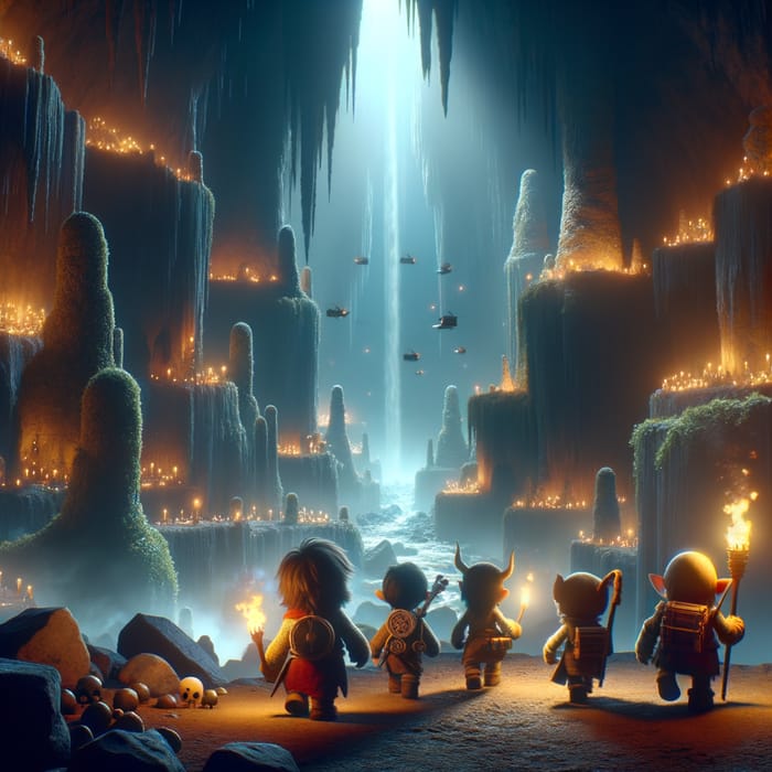 Fantastical Deep Dark Fantasy Game Background with Diverse Dwarfs