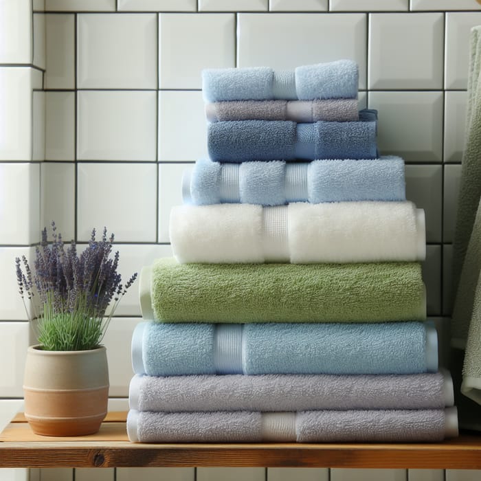 Clean and Fluffy Towels in Blue, Green, and White | Bathroom Decor