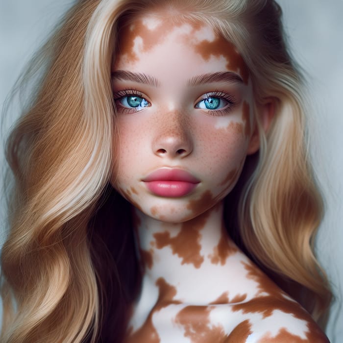 Captivating Image of a Girl with Vitiligo, Blue Eyes, and Blonde Hair