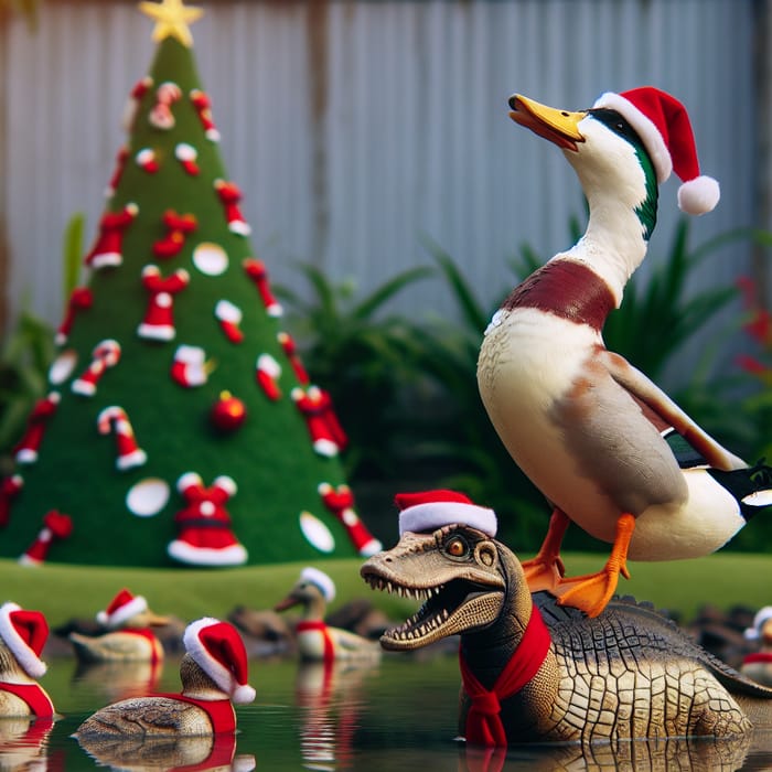 Duck Celebrating New Year in Santa Hats | Festive Dinosaur Tree Scene