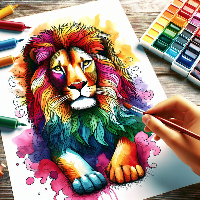 Vibrant Watercolor Lion Art by Teen Artist