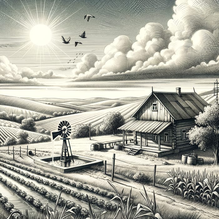 Monochrome Sketch: Serene Countryside with Traditional Farmhouse & Solar Pump