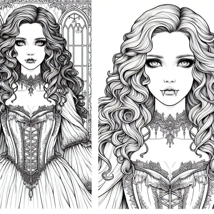 Pretty Vampire Woman Coloring Page | Detailed Gothic Design Pretty Vampire Woman Coloring Page | Detailed Gothic Design