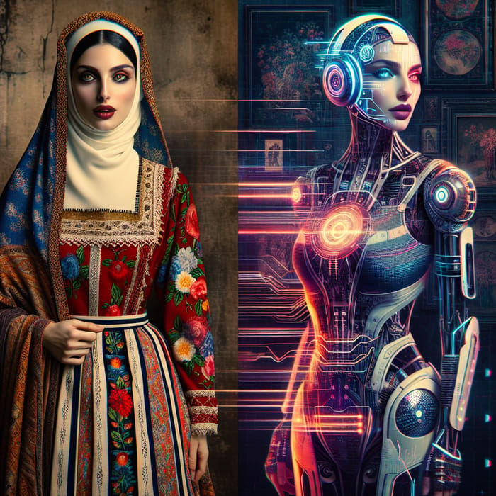 Futuristic Cyberpunk Fusion: Traditional Lebanese vs. Future Woman