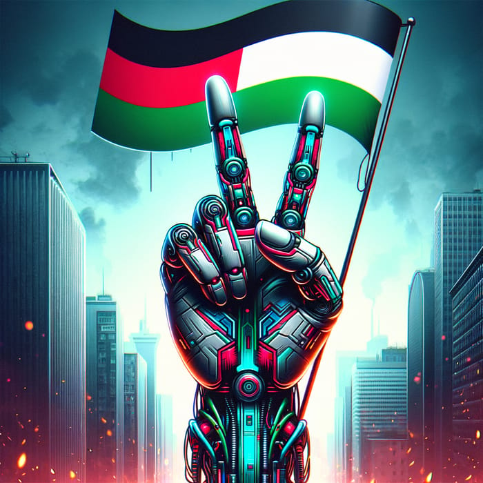 Futuristic Half-Robot Half-Human Fist Peace Sign Palestinian Flag Protest