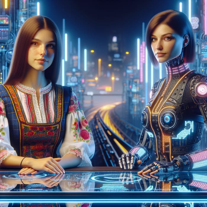 Cyberpunk Young Woman in Folklore Dress Faces Future Debate