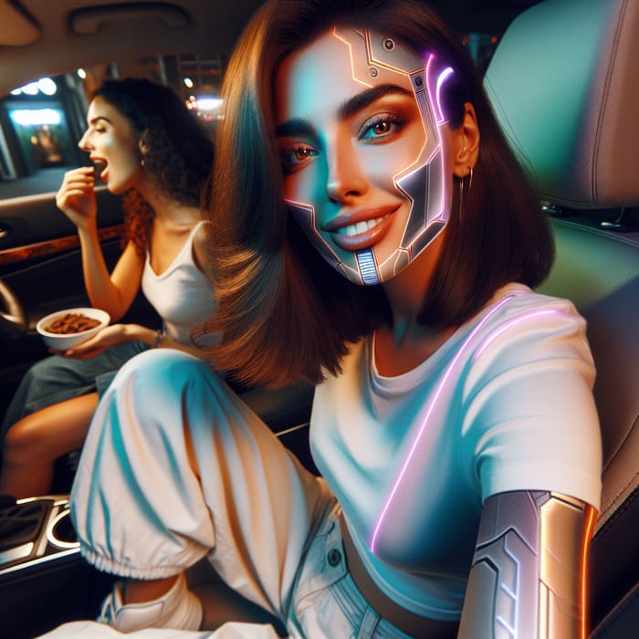 Futuristic Robot Woman in Neon Car Scene