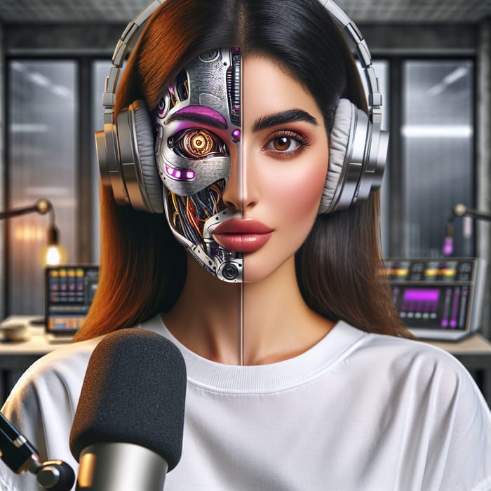 Futuristic Cyberpunk Woman Podcasting in Neon Studio