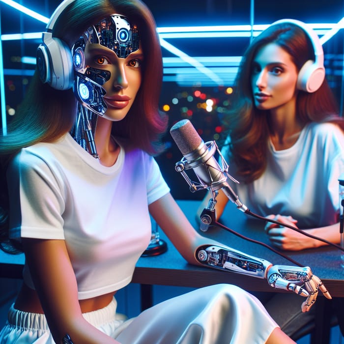 Futuristic Middle Eastern Woman Making Podcast with Cybernetic Features