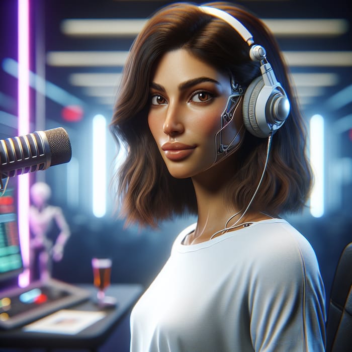 Futuristic Middle-Eastern Woman in High-Tech Podcast Studio