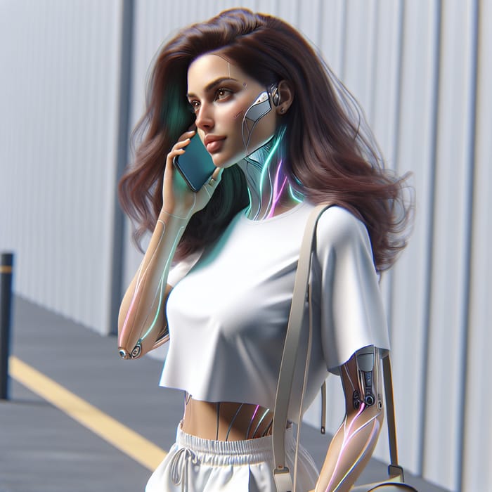 Smart and Futuristic Middle Eastern Woman: Half-Robotic Beauty in Neon White Outfit