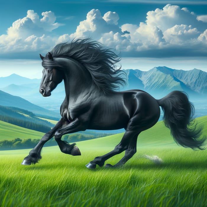 Powerful Black Stallion Galloping in Lush Green Field with Majestic Mountain View