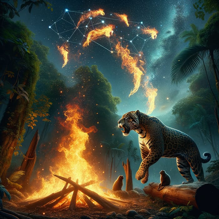 Dynamic Scene in Jungle: Muscular Jaguar, Fiery Flames & Sagittarius Constellation