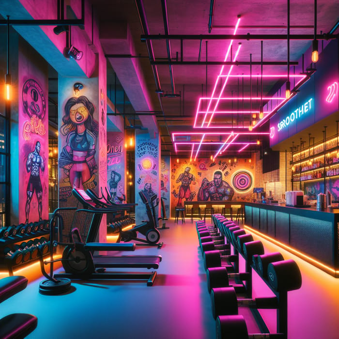 Neon Gym Interior with Fitness Murals and Workout Equipment