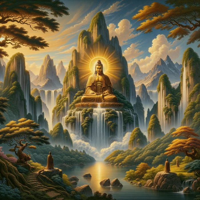 Spiritual Masterpiece: Mountain Waterfall & Buddhas