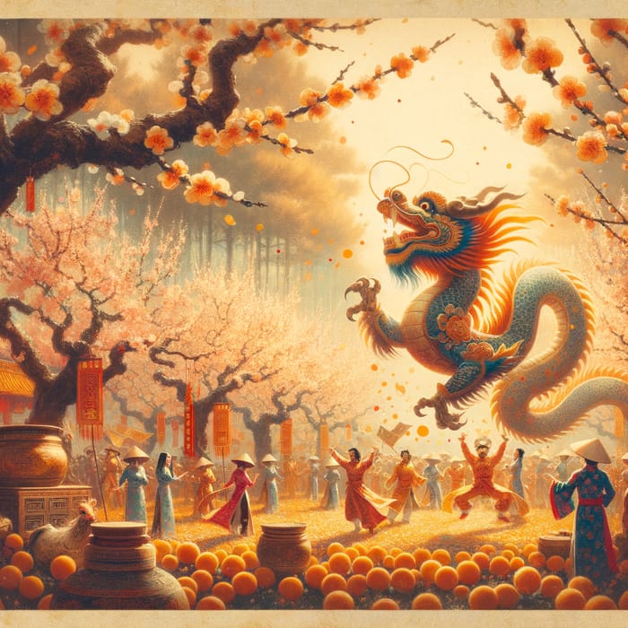 Vietnamese Tet Festival | Cultural Heritage Display with Dragon and Apricot Trees