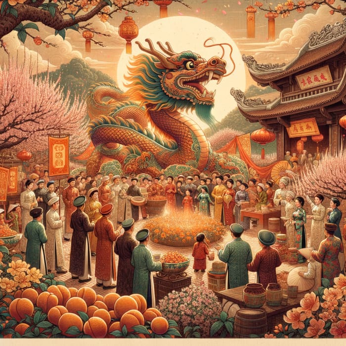 Vibrant Tet Festival Illustration with Dragon in Peach & Apricot Gardens