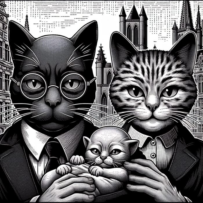 Black & White Crosshatched Illustration of Felix & Kitty in Ghent with Newborn