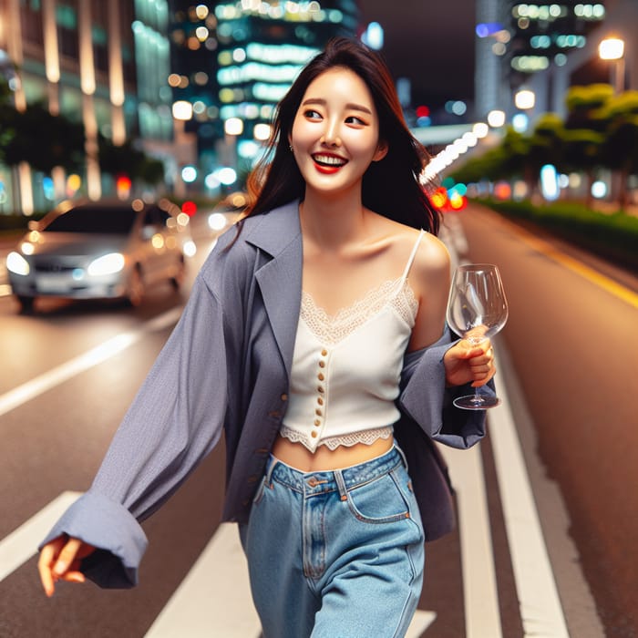 Charming Korean Girl Strolling Through City Streets