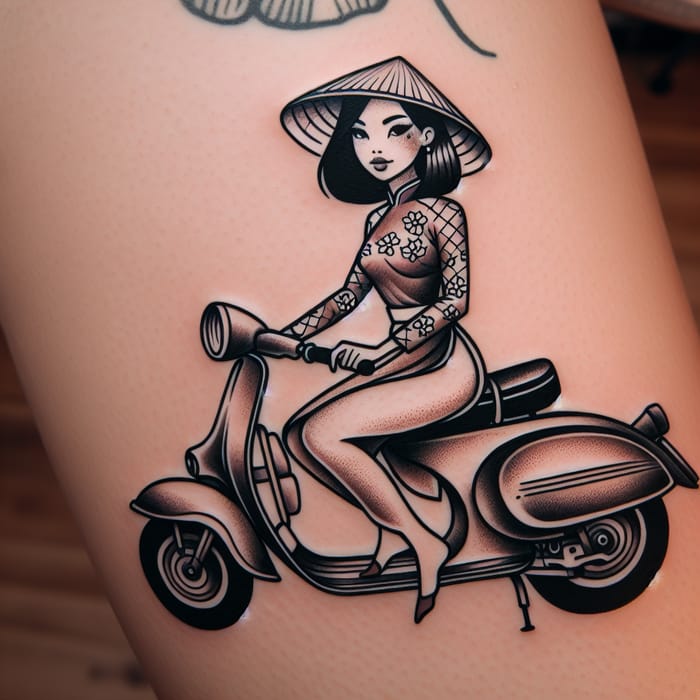 Traditional Vietnamese Tattoo of a Girl on Scooter