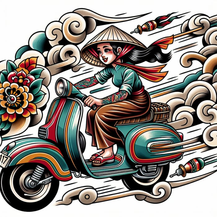 Traditional Tattoo of Vietnamese Girl on Scooter