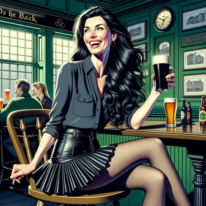 Edgy European Woman in 40s Celebrating Life in Irish Pub