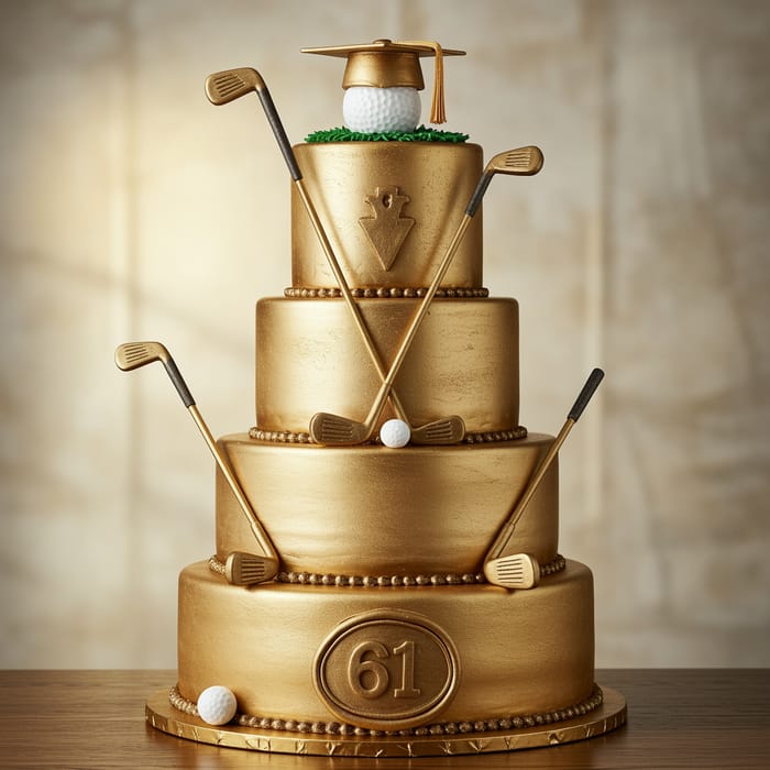 Gold Themed Graduation Cake with Golf Clubs
