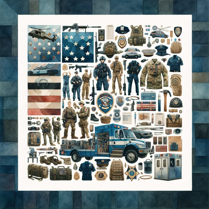 Watercolor Collage of American Military & First Responders