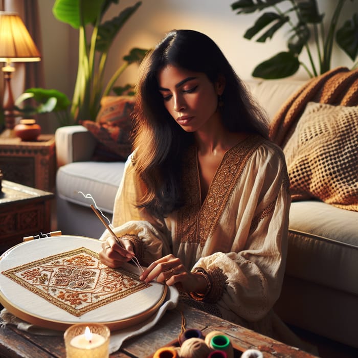 Beautiful Woman Embroidering in a Cozy Room