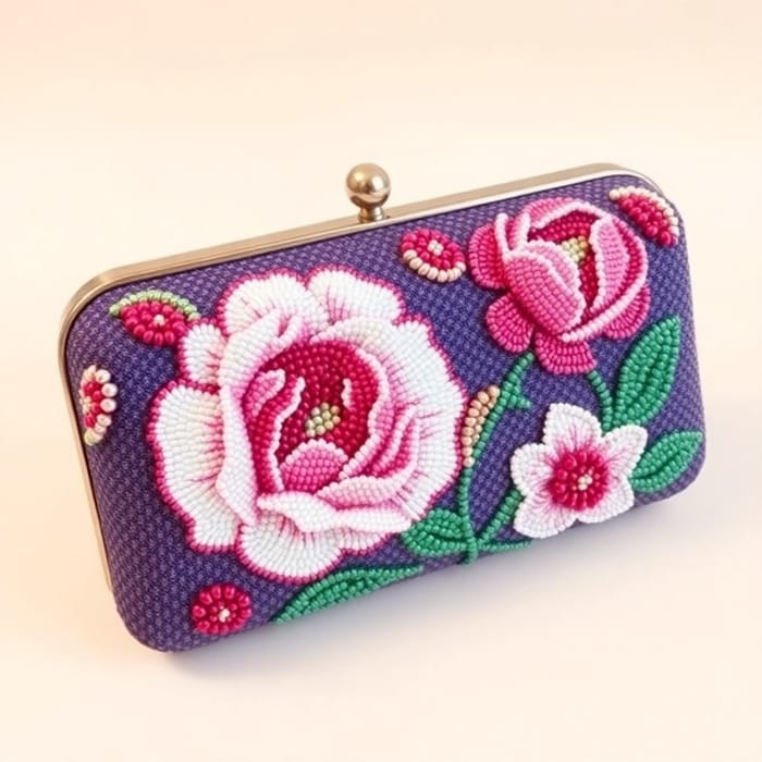 Retro Beaded Clutch with Peony Embroidery