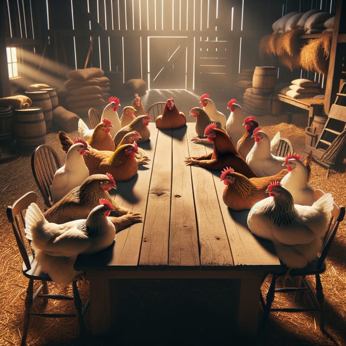 Hens Meeting at Table | Rustic Barn Chicken Gathering